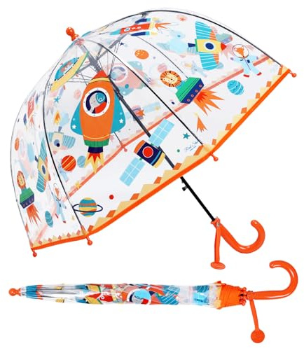 decalsweet Parapluie - Transparent - Anti-Vent - Long Cloche, Parapluie Enfant Transparent Cloche Robuste et Stable, Parapluie Dôme Garcon Fille Parapluies Cannes Vaisseaux Spatiaux Animaux