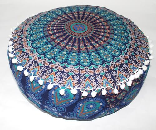 INDIAN CRAFT CASTLE ICC Blue Peacock Mandala Barmeri Large Floor Pillow Cover Cushion Meditation Seating Ottoman Throw Cover Hippie Decorative Zipped Bohemian Pouf Ottoman Cases 16 Round