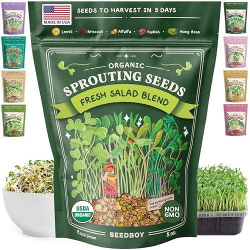 Seedboy Organic Non-GMO Sprouting Seeds, Fresh Salad Blend - USA Grown Microgreens Mix with Alfalfa, Broccoli, Radish, Mung Bean & Lentil - 8 oz Bag Makes 8 Quarts / 32 Servings (Salad Blend)