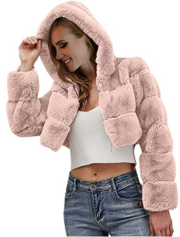 Komiseup Fleecejacke Damen, Winterjacke Damen Kurze Winter Pelzmantel Elegant Kunstpelz Jacke Offener Front Wintermantel Dick Plüschjacke mit Kapuze Faux Pelz Coat Warme Kunstfell Oberbekleidung 15
