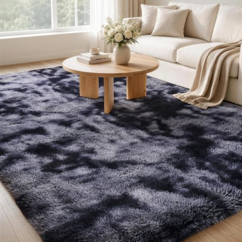 Kuscheliger Hochflor-Teppich für Wohnzimmer Schlafzimmer|Schwarz 90x150cm | FVVRAX Tie-Dye Shaggy Teppich–Weicher Hochflor Teppich mit Anti-Rutsch-Unterseite| Kuscheliger Teppich für Kinder & Haustiere