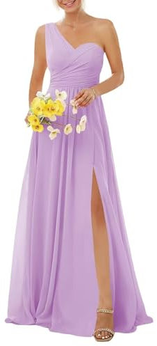 HPPEE Abito da donna monospalla da damigella d'onore con fessura plissettata senza maniche in chiffon abito da sera formale, Lilla, 44