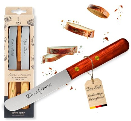 Personalisiertes Frühstücksmesser Solingen mit Holzgriff (Padouk, 2x Glattschliff im Holzcase)