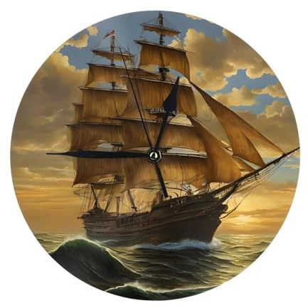 WKSZCYHLKL Orologio da parete rotondo da 25 cm con stampa di nave pirata fantasia, orologi da parete per soggiorno, cucina, bagno, camera da letto, senza ticchettio, funzionamento a batteria