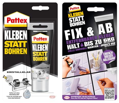 Pattex Set Montagekleber Kleben statt Bohren Kristallklar 90 g, für kristallklare Verklebungen und Kleben statt Bohren Fix & Ab 44 g, Kraftkleber hält bis zu 6 kg, ablösbarer Wandkleber