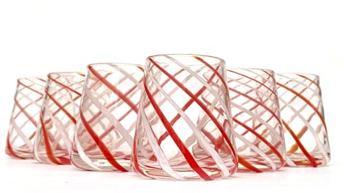 MAZZEGA ART & DESIGN - 6 verres à eau - Cône SPIRAL - en verre, soufflés et travaillés à la main avec verre de Murano, ligne « Couleurs de Murano » 350 ml. Fabriqué en Italie (6, Blanc-Rouge)