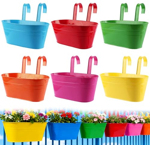 DAJAVE 6 vasi da fiori sospesi in metallo, da 28 cm, da appendere, colore bianco, per balconi, recinzioni da giardino