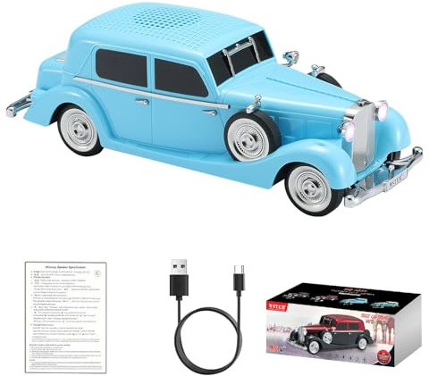 WSTER Altavoz Bluetooth WS-1934 para Coche clásico Retro: Sonido HD inalámbrico con Radio FM, estéreo TWS, Luces LED de Fiesta, micrófono Integrado y Llamadas Manos Libres. (Azul) | Diseño sedán de lujo vintage, sonido HD y estéreo TWS, radio FM y reproducción USB/TF, luces LED, micrófono integrado