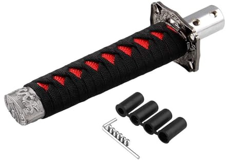 MILONEX Pomo de Cambio Katana - Palanca de Cambios Estilo Espada Samurái con 4 Adaptadores Universales para Coches Manuales y Automáticos (Negro y Rojo)
