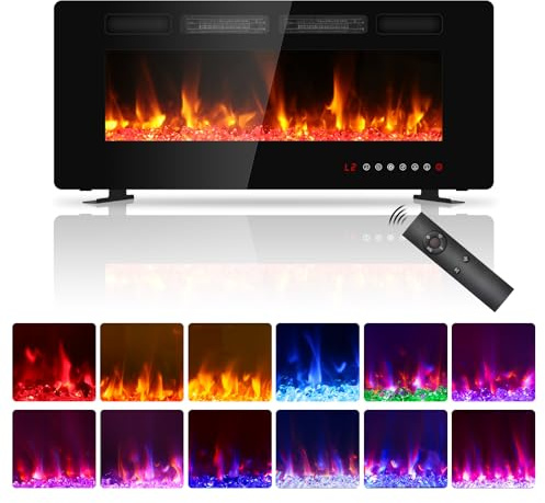 42 inch Ultra Thin Electric Fireplace, Freestanding, Recessed or Wall Mounted, 1500W Energy Efficient Heater with Realistic 3D Crystal Flame Effect, Remote Control & Touch Panel, UKCA/CE Certified