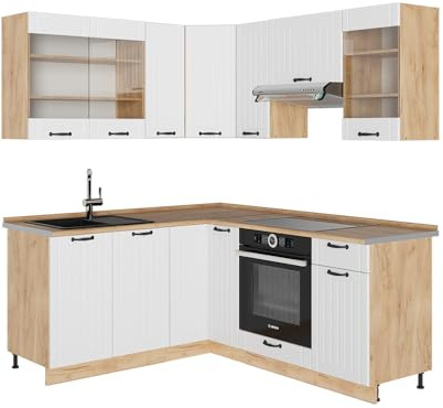 Vicco Eckküche Fame-Line, Weiß Landhaus, 190 x 60 cm, AP Eiche, kombinierbar mit weiteren Modulen für Flexible Küchenplanung