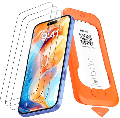 NEW'C 3 Pack, Full Täckning skärmskydd i glas för iPhone 16,iPhone 15 6,1 tum [Automatisk Installation], härdat glasfilm med svart kant - Ultrabeständig
