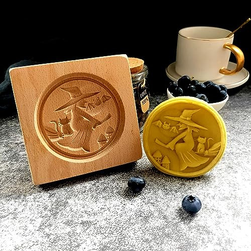 Wooden Cookie Moulds Witch Shape | 3D Carved Halloween Biscuit Press Stamp for Baking, Spooky DIY Gingerbread Shortbread Shapes, Reusable Cute Cutter for Christmas Halloween Party Treats (Witch)
