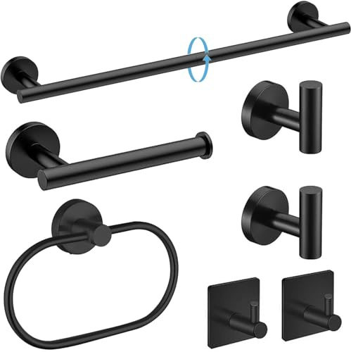 7-Piece Bathroom Accessories Set, Black Towel Rail Bathroom Hardware Set, SUS304 Stainless Steel Bathroom Accessory Includes Black Towel Rail, Toilet Roll Holder, Towel Ring, and Wall Hooks