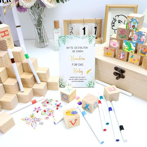 POKYFEMOT 71tlg Babyparty Spiele 52 Baby Shower Bauklötze zum Bemalen mit 1 Holzkiste 12 Acrylfarben-Marker 1 Holzschild Holzwürfeln Babyshowerparty Spiele geeignet für Jungen Mädchen für Gäste