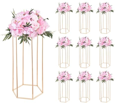 VEVOR Portafiori da Matrimonio 10 Pezzi da 60 cm, Cubico Esagonale con Laminato Acrilico, Espositore Floreale Cubico Cilindrico per Matrimoni, Feste, Compleanni, Casa, Centrotavola Oro Francese