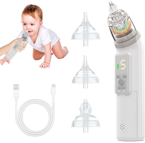 Nasensauger Baby, NAVESO Nasal Aspirator Babys mit 5 Saugstufen und 3 Silikonspitzen, Wasserdicht Nasensauger Baby Elektrisch mit Musik, Licht, LCD-Display für Babys und Kinder, Weiß