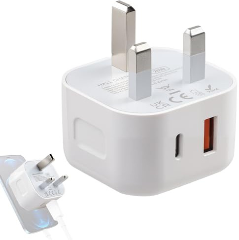 20W USB C Plug Fast Charger, Dual Port USB-A+C Plug Adaptor UK for i Phone 17/16/15/14/13/12/11, Ap ple Watch, USB A+C Plug UK PD 3.0 Wall Power Adapter for Sam sung