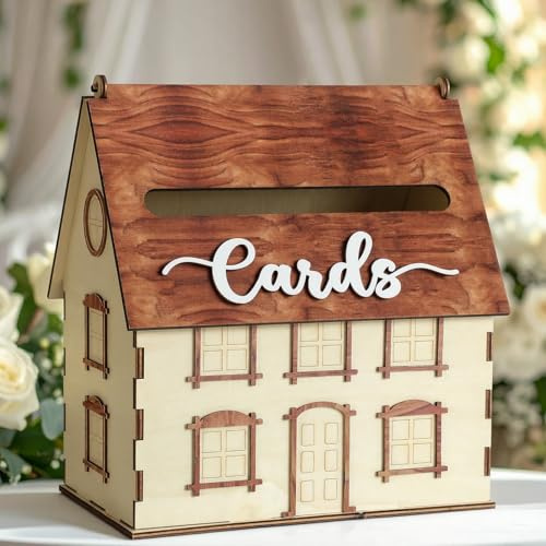 AceOrbit Rustic House Wedding Card Box for Reception 10x 6x11.5 Inch Large House Shaped Wooden Just Married Box Gift for Wedding Keepsake Newlyweds Baby Shower Party Favors
