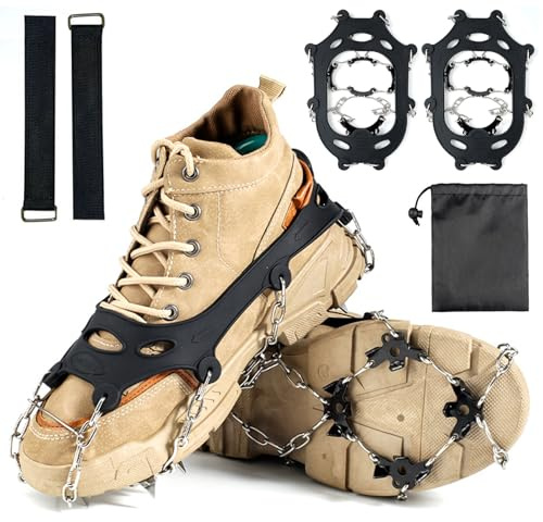 Grödel Steigeisen für Bergschuhe, Steigeisen für Wanderschuhe, 18 Schuhspikes, für Schuhe Winter, Anti-Rutsch Spikes, Edelstahl Zähne für Mann Frau Erwachsene Kinder Outdoor-Sport, Wanderungen