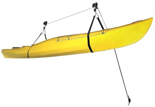 Kayak - Soporte de techo para techo (125 kg, con ruedas y correas de nailon, elevación de techo para kayak, canoa, paddleboard y bicicleta, para garaje y sótano, longitud total de la cuerda, 16 m