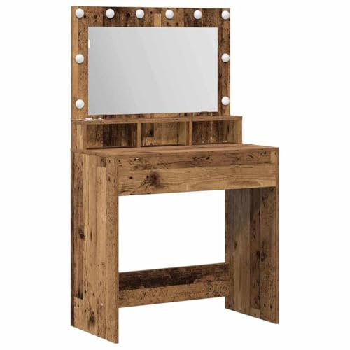 Zenithz Look vintage: tavolo da toeletta effetto legno antico con LED e scaffale, 75 cm, compatto, tavolo cosmetico illuminato moderno
