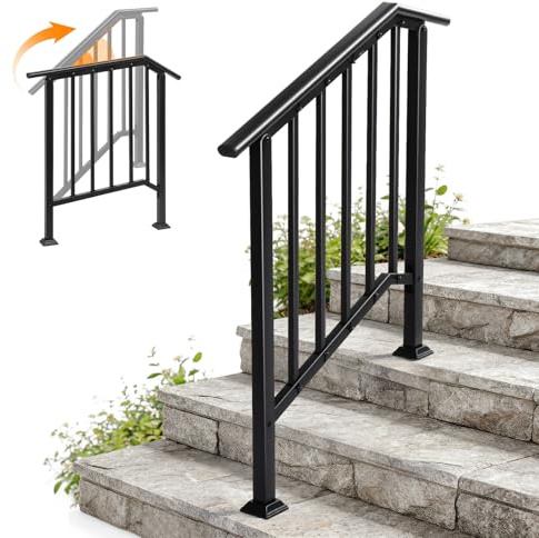 Outopee Outdoor Handrail for 2-3 Steps, Straight Top, Black