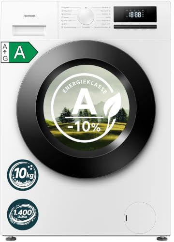 homeX WF1014H1A-W Waschmaschine 10kg 1.400 U/Min Energieklasse A -10% | Frontlader, Dampffunktion, AquaStop, Inverter Motor, 15 Programme, leise 74 dB, Temperatur bis zu 90°C, Washing Machine, weiß