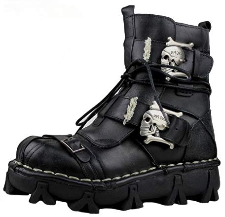 Men's Genuine Leather Gothic Skull Punk Tactical Boots, Black, 11
