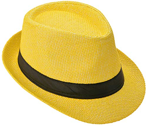 Miobo Strohhut, Fedora für Herren, Damen, Kinder, Trilby-Design, Sonnenschutz 56-Strohhut-Gelb