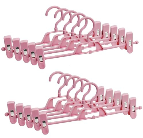 10-pack byxhängare i plast med klämmor, platsbesparande kjolhängare med 360° roterande och justerbara klämmor, stapelbar klädhängare för garderobsorganisering och förvaring (rosa)