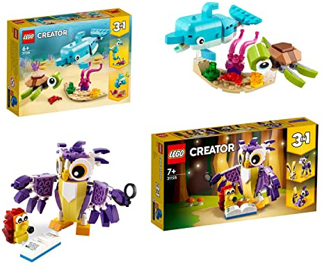 SET: LEGO Creator - Wald-Fabelwesen (31125) + Delfin und Schildkröte (31128) - Eule Hase Fisch Seepferdchen Eichhörnchen - 2er Bundle