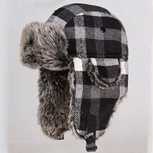 Russische Mütze Winter-Trapper-Fliegermützen Für Herren, Bombermütze, Warme Ohrenklappe, Winddicht, Dicker, Karierter Russischer Uschanka-Hut, Grau, 56–58 cm