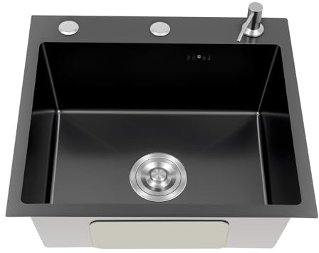 Bathrena Handfat matt svart, med tvåldispenser – 50 x 45 cm diskbänk inbyggd diskbänk köksblandare diskbänk med dräneringsyta, PVD nanotextur