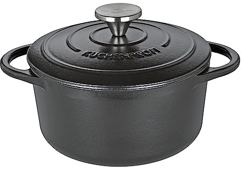 Küchenprofi Cacerola de hierro fundido con tapa negra de 20 cm, cacerola para horno, horno holandés, sartén esmaltada, para todo tipo de fuegos (incluye inducción), para guisar, hornear, asar