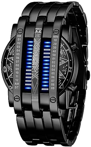 FANMIS Creative Mens Binary Matrix Blue LED Digital Watch Fashion Classic Black Plated Waterproof LED Backlight Bracelet Watches (X Black Blue)