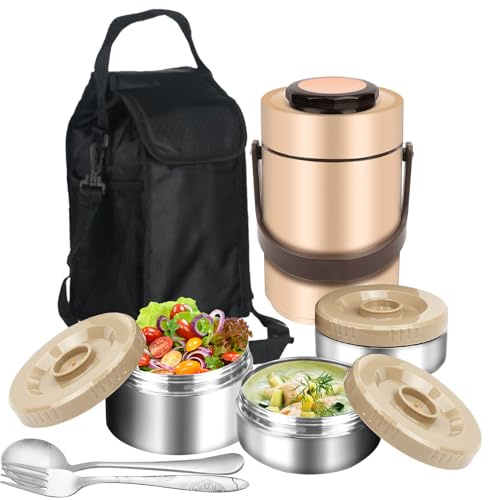 SSAWcasa 3-Layer Insulated Lunch Box for Men, Adult Soup Thermos, Leakproof Insulated Hot Food Jar Container, Stainless Steel Thermal Bento Box Lunch Bag Cutlery for Office Worker Trucker Picnic