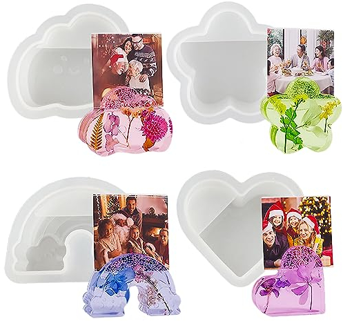 4 Stück Epoxidharz Formen: Herz Silikonform, Visitenkartenhalter, Wolken Gießform, Regenbogen Ornamente Gießen Harzform für Herz Blumen Wolken Basteln Haus Dekoration