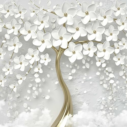 Muralo Tapete Vlies 3D, abstrakter Baum, weiße Blumen - 180x120 cm | Beeindruckendes 3D-Design, hochauflösender Druck - ideal für Wohnzimmer und Schlafzimmer, Ein außergewöhnliches Raumerlebnis