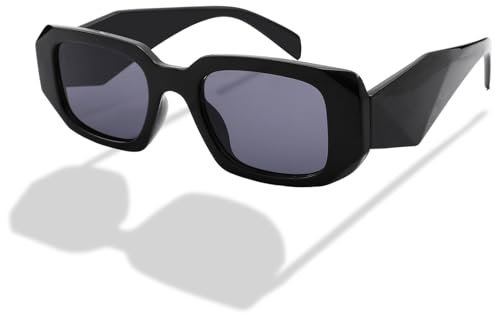 LOJUDI Retro Rechteckige Sonnenbrille Herren Vintage Damen Eckige Coole 90er Schwarz Brille für Frauen Männer UV400 Schutz-Schwarz/Schwarz