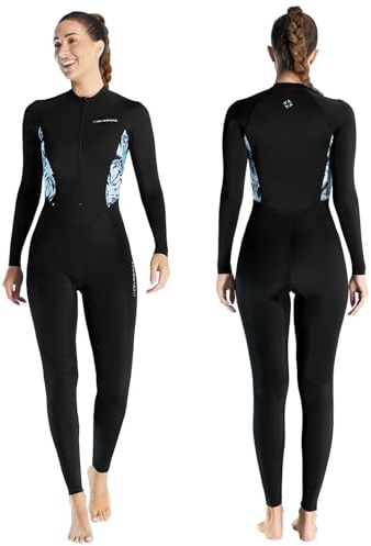 Skyone Diving Skins for Women Men, Thin Wetsuits Swimsuit Full Body Rash Guard, UV Protection Long Sleeve Wet Suit Dive Skin, One Piece Quick Dry Scuba Skin for Surfing (Women Black, Medium)