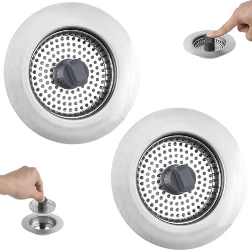 iFealClear 2 Pack Upgraded 3-in-1 Kitchen Drain Stopper & Plug Strainer Set, Stainless Steel Food Waste Replacement, Fits Sink Holes with a Diameter of 72-86 mm, a Depth > 28 mm