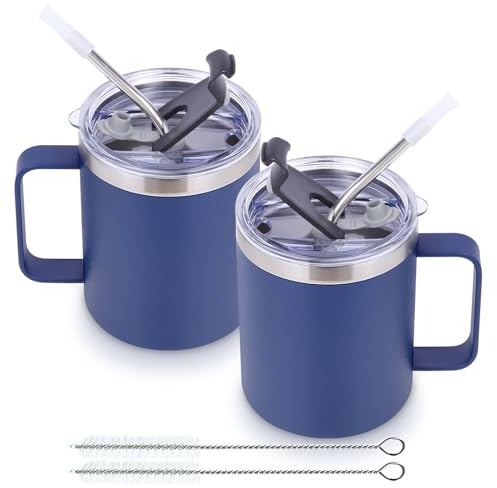 Volhoply 350 ml isolerad läckförsäkrad kaffemugg med glidande lock och sugerör, 2-pack, dubbelväggig vakuum i rostfritt stål, resemugg med handtag, campingmugg håller kallt/varmt (Marinblå, 2)