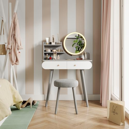 Vicco Schminktisch Edda, Grau, 80 cm | mit LED Beleuchtung und Hocker, mit rundem LED Spiegel und passendem Sitzhocker