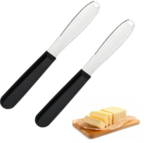2 coltelli da burro 3 in 1, in acciaio inox, coltelli da burro con bordi seghettati e fori per raschiare, bigodino per tagliare e spalmare burro formaggio