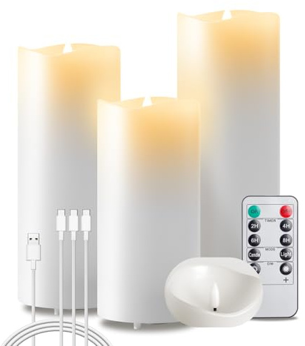 EXTSUD Flammenlose LED Kerzen 3er Flackerndes Echtwachs Kerzen Aufladbare LED Kerzen mit Timer und Fernbedienung 7,5x16,18,5,21 CM Stumpenkerzen für Haus Hochzeit Weihnachten Halloween Party Decor