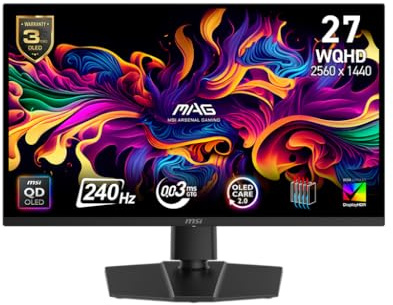 MSI MAG 271QP QD-OLED X24 27-inch 2560 x 1440 (QHD) Gaming Monitor, 240Hz, Adaptive-Synch, HDMI, DisplayPort, VESA Mountable, Tilt, Height Adjustable, Speaker, 0.03ms, Black
