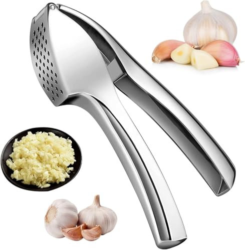 Prensa de ajos de acero inoxidable de alta calidad, resistente, trituradora sin pelar con mango ergonómico, pelador integrado y fácil de limpiar, apto para lavavajillas (acero inoxidable plateado)