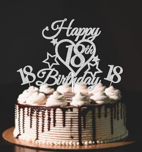 bng-bng 18th Birthday Cake Topper Silver Glittery Happy 18th Birthday Cake Cupcake Toppers For Girls boys 18 Eighteen Years Old Birthday Party Supplies Decorations