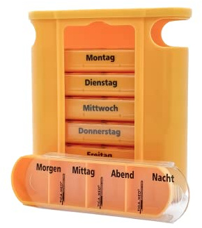 TIGA-MED Medikamentendispenser Premium, Wochendispenser 7 Tage, 7 Schiebefächer mit 4 Kammern pro Tag (morgens/mittags/abends/nachts), Schiebedeckel, 5 Farben (Orange)